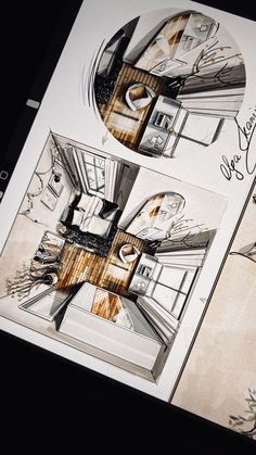 an open book with drawings on the pages and in it's center is a drawing of a kitchen