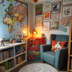 a child's room with a map on the wall