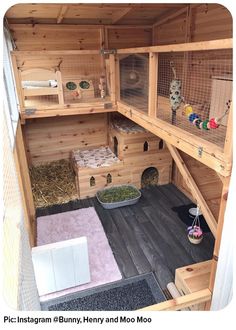 the inside of a wooden rabbit house