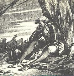 a drawing of a man on a motorcycle leaning against a tree with other people in the background