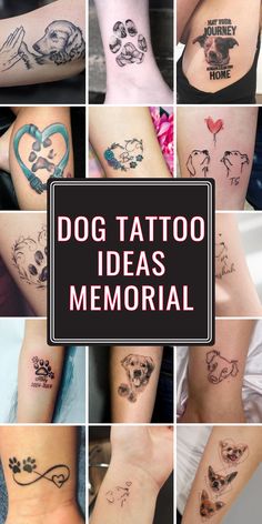 a collage of pictures with different tattoos on their arms and legs, including the words dog