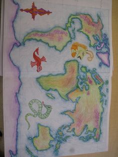 this is a drawing of an island with sea creatures on it