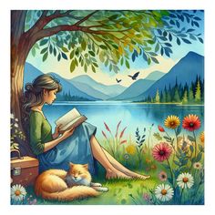 a painting of a woman sitting under a tree reading a book next to a cat