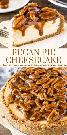 pecan pie cheesecake with chocolate sauce on top and pecans in the middle