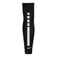 the nike leg sleeves are black with white stripes on them, and there is no image to describe