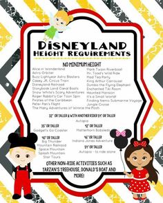 the disney land height required for each child's height is shown in this poster