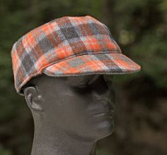 Christmas Sale: Orange and Gray Wool Plaid Lumberjack Camping Hat. Low Profile Cap. XL 23-1/2" Dad's Favorite A warm cadet hat for any outdoor sportsman. Sewn from fine brushed wool in gray and orange lumberjack plaid. Then lined with gray fleece so warm but not itchy. Cool stretchy 1-1/2" sweatband for a comfortable fit.  The brim is 2-1/2" deep and its underside is covered in brushed gray wool.  The Low profile crown is 3-1/2". Fits up to 23-1/2" (59.7cm)  Measure around the head just above ea Lumberjack Hat, Winter Hunting, Camping Hat, Lumberjack Plaid, Cadet Hat, Plaid Hats, Hunting Hat, Dads Favorite, Packing Tape