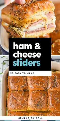 ham and cheese sliders in a casserole dish with the title overlay