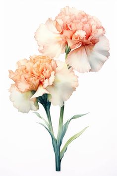 two pink and white carnations in a vase on a white background with green stems