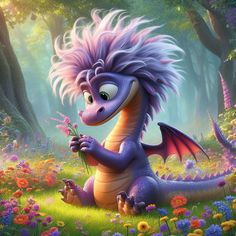 a purple dragon sitting on top of a lush green field next to trees and flowers