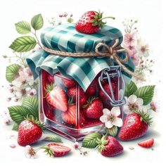 a painting of strawberries in a glass jar with a green checkered cloth on top