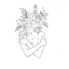 a drawing of a woman holding a bouquet of flowers with her arms crossed in front of her chest