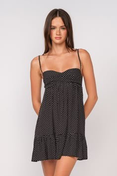 Black Polka Dot Dress Black Polka Dot Mini Dress, Polka Dot Sundress, Black Mini Dress Summer, Formal Babydoll Dress, Casual Mini Dresses, Summer Fits Dress, Sundress Outfit Casual, Babydoll Dress Aesthetic, Sweet Heart Neckline Dress