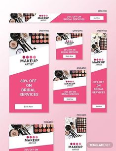 a set of banners with makeup products on them