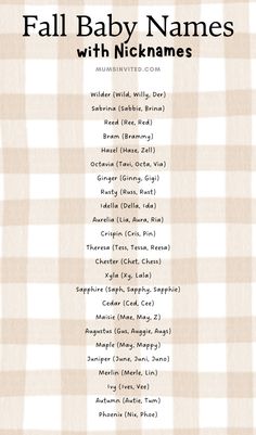 the fall baby names are shown in black, white and tan plaid patterns on a beige background