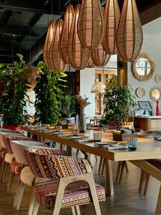 a dining room table with many chairs and plants hanging from it's ceiling above