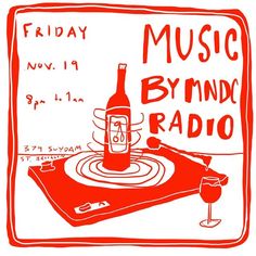 a red and white poster with an image of a wine bottle on top of a record player