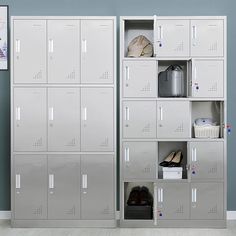 two lockers with shoes and hats on them next to each other in a room