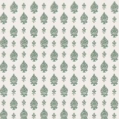 a white and green wallpaper with small trees on the left side, in shades of teal