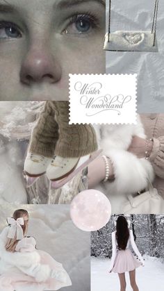 a collage of photos with the words winter wonderland written in white and pink, including a woman's face