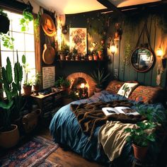 a bed room with a neatly made bed and lots of plants