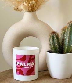 a white vase with a cactus in it next to a candle and a potted plant