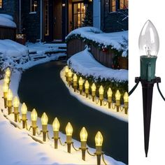 a house with christmas lights in the front yard and an image of a driveway covered in snow