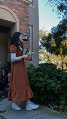 Rust orange fall maxi dress Winter Dress Inspo Aesthetic, Modest Outfits With Converse, Modest Fall Outfits Aesthetic, November Church Outfits, Fall Modesty Outfits, Modest Layered Outfits, Teacher Modest Outfits, Fall Pictures Dress, Rust Turtleneck Outfit