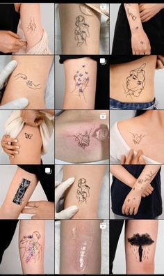 many pictures of different tattoos on the back of someone's legs and thighs, all showing