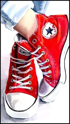 a painting of someone's red converse shoes with white laces and black star on them