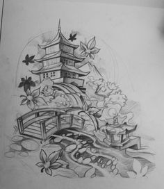 a pencil drawing of a pagoda and bridge