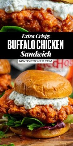 the buffalo chicken sandwich with lettuce and ranch dressing is on a cutting board