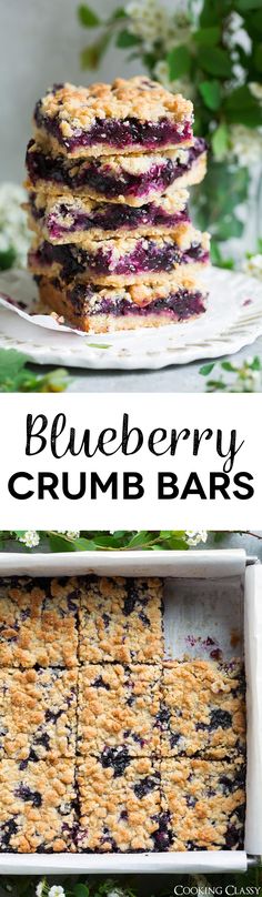 blueberry crumb bars are stacked on top of each other and in the middle