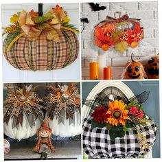 four different pictures with pumpkins and decorations