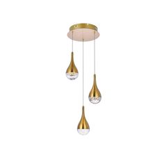 three lights hanging from a ceiling fixture with gold metal and clear glass balls on the bottom