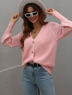 Pink Raglan Sleeve Cardigan, Cardigan Oversized, Long Sleeve Knitted Cardigan, Button Front Cardigan, Saint John, Knitted Coat, Round Neck Sweaters, Loose Sweater, Knitted Cardigan