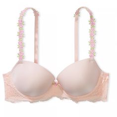 Brand New 38g Light Pink Rose Appliqu Straps Lightly Lined Demi Style Pink Feminine Wedding Bra, Pink Feminine Bra For Wedding, Pink Lace Trim Wedding Bra, Pink Lace Trim Bra For Wedding, Wedding Bra With Pink Lace Trim, Wedding Bra With Lace Trim In Pink, Elegant Spring Push-up Bra, Elegant Victoria's Secret Spring Bra, Elegant Pink Summer Bra