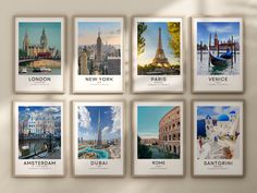 six pictures are hanging on the wall in front of a window with an image of different cities