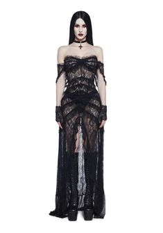 Widow Sheer Strapless Lace Mesh Maxi Dress With Tiers - Black – Dolls Kill Off-shoulder Ruffled Maxi Dress For Gala, Sheer Lace Maxi Length Gown, Floor-length Lace Dress With Ruffles, Strapless Sheer Lace Dress, Fitted Off-shoulder Maxi Dress With Lace Trim, Lace Gown With Ruffles For Gala, Gothic Sheer Lace Dress, Sheer Lace Gothic Dress, Fitted Lace Strapless Dress With Ruffles