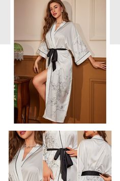 Cool Summer Home Attire 2024 Summer New Style Pajamas Large Size Satin Floral Nightwear Three-Quarter Sleeves Nightdress Summer Satin Night Robe, Summer Satin Nightgown For Home, Elegant Summer Bedtime Robe, Summer Lounging Sleepwear With Kimono Sleeves, White Silk Sleepwear For Night, White Silk Sleepwear, White Silk Sleepwear Nightwear, White Silk Sleepwear For Bedtime, Elegant Spring Kimono For Sleep