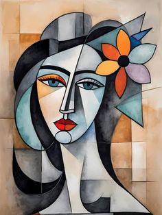 a painting of a woman's face with flowers in her hair and an orange flower on her head