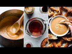 three pictures showing different stages of making pretzels and dipping them into sauces