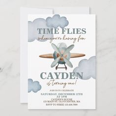 an airplane birthday party card with the words time flies