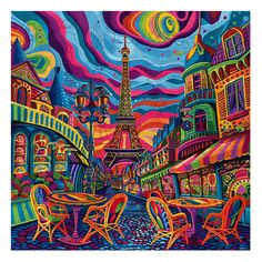 a painting of the eiffel tower in paris, france with colorful buildings and tables