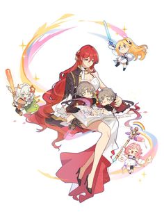 an anime character with red hair and two other characters