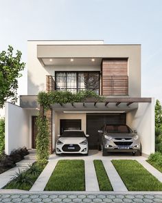 two cars parked in front of a modern house