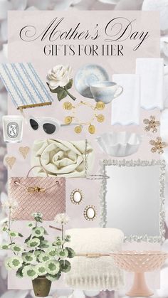 mother's day gifts for her card with flowers and other items in pink tones