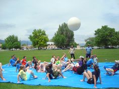 a group of people sitting on top of a blue tarp in the middle of a park