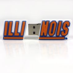 an orange and blue usb stick with the word illinois on it's side, sitting in front of a white background