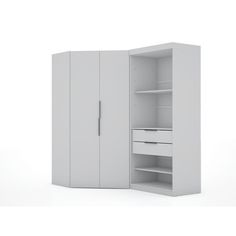 a white cupboard with two doors and drawers on the bottom, one door open to reveal an empty shelf